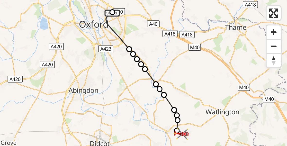 Flight route Air Ambulance Helicopter John Radcliffe Hospital - RAF Benson, 01 June 2026, 18:45