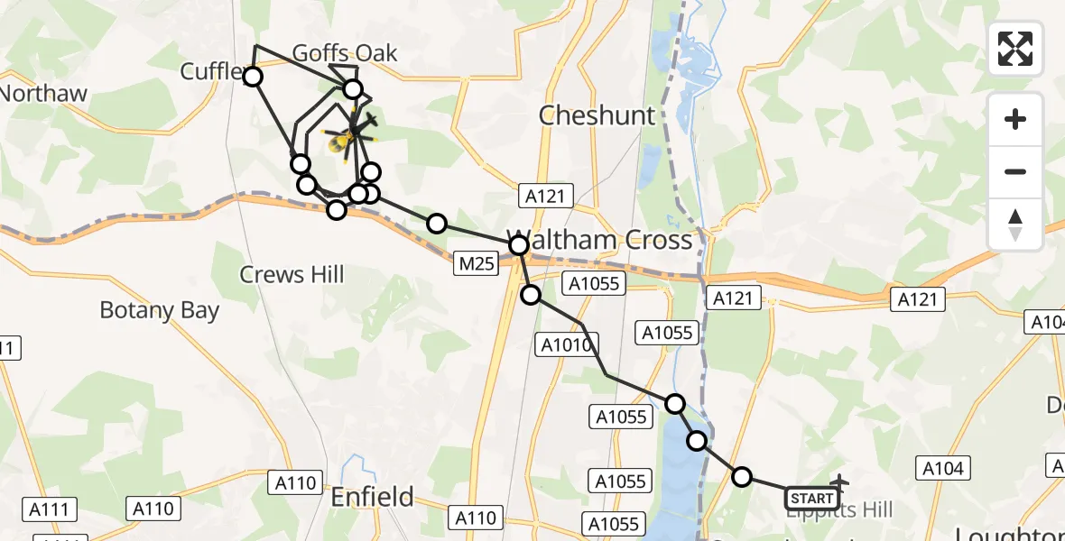 Flight route Police Helicopter Metropolitan Police Air Support Unit Lippitts Hill - Broxbourne, 01 June 2026, 18:46