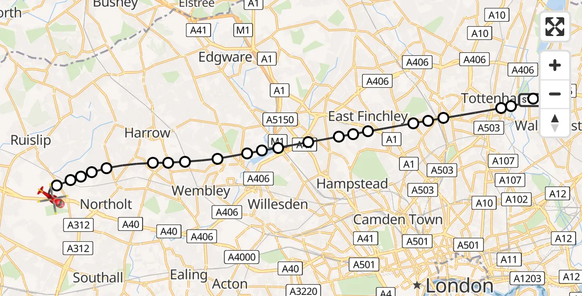 Flight route Air Ambulance Helicopter Waltham Forest - RAF Northolt, 01 June 2026, 18:49