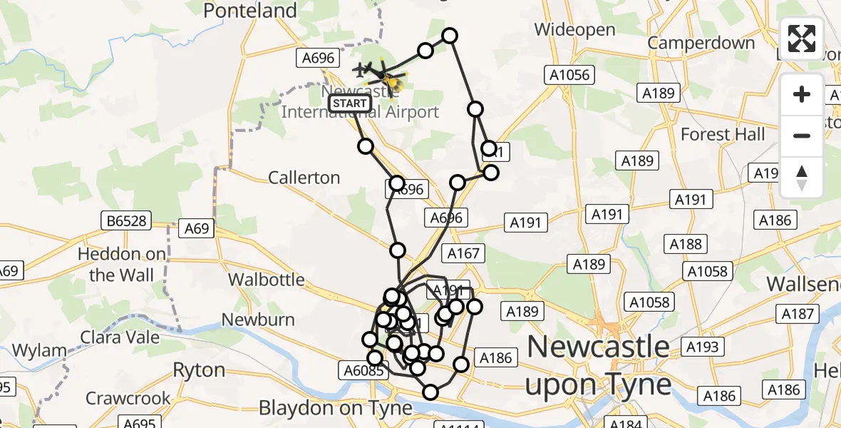 Flight route Police Helicopter Newcastle International Airport - Newcastle International Airport, 01 June 2026, 18:52