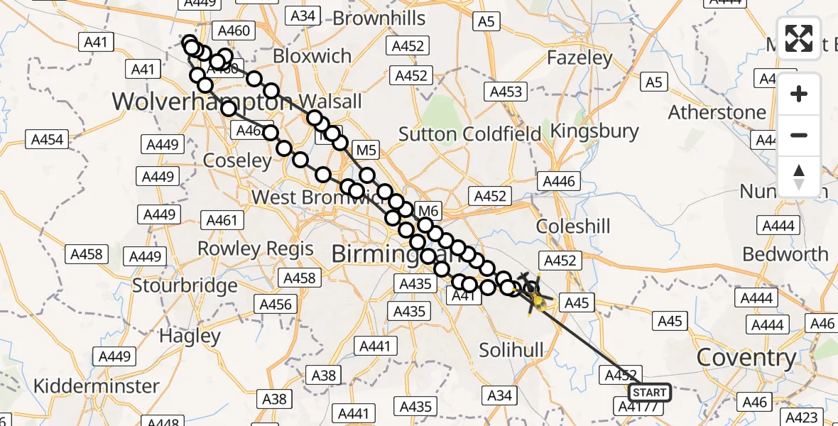 Flight route Police Helicopter Solihull - Birmingham Airport, 01 June 2026, 18:56