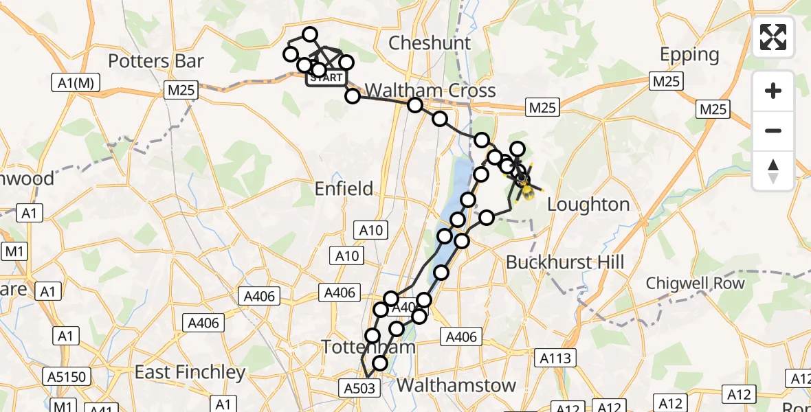 Flight route Police Helicopter Dysons Osiers Airstrip - Metropolitan Police Air Support Unit Lippitts Hill, 01 June 2026, 18:57