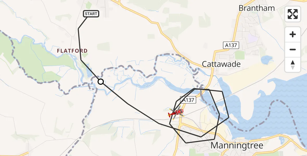 Flight route Air Ambulance Helicopter East Bergholt - Lawford, 01 June 2026, 18:59