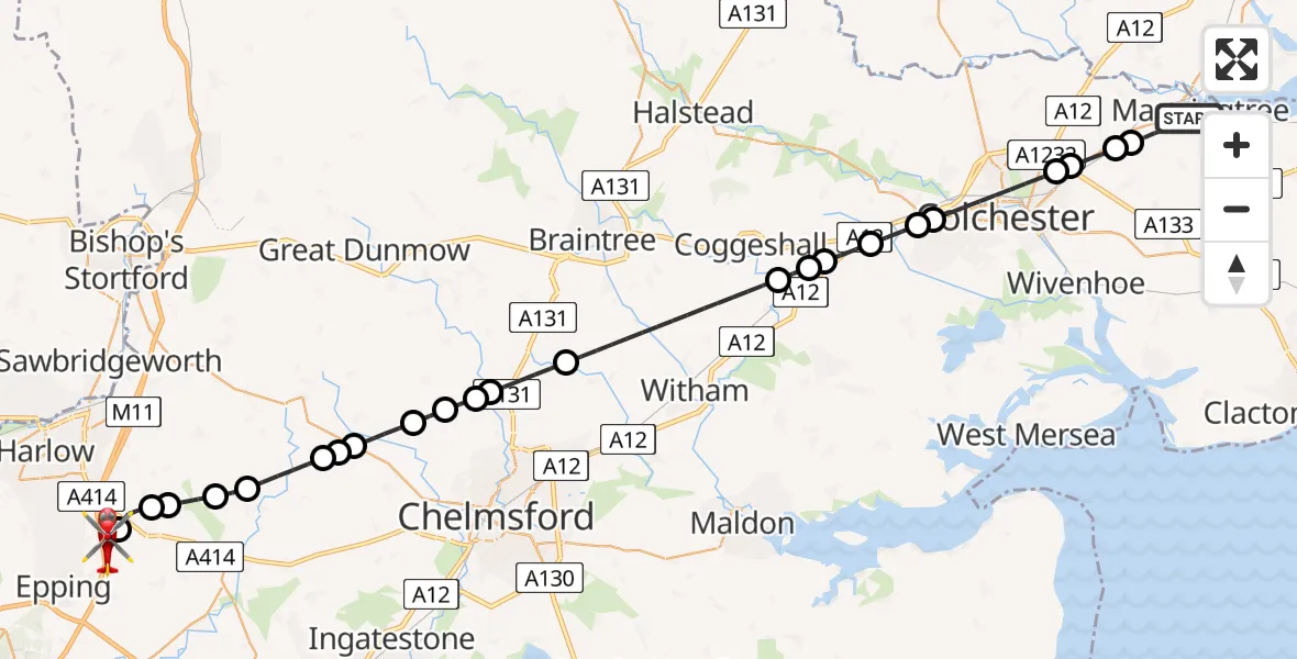 Flight route Air Ambulance Helicopter Lawford - North Weald Airfield, 01 June 2026, 19:11