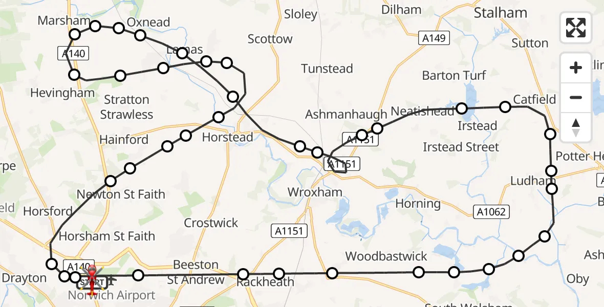 Flight route Air Ambulance Helicopter Norwich Airport - Norwich Airport, 01 June 2026, 19:18
