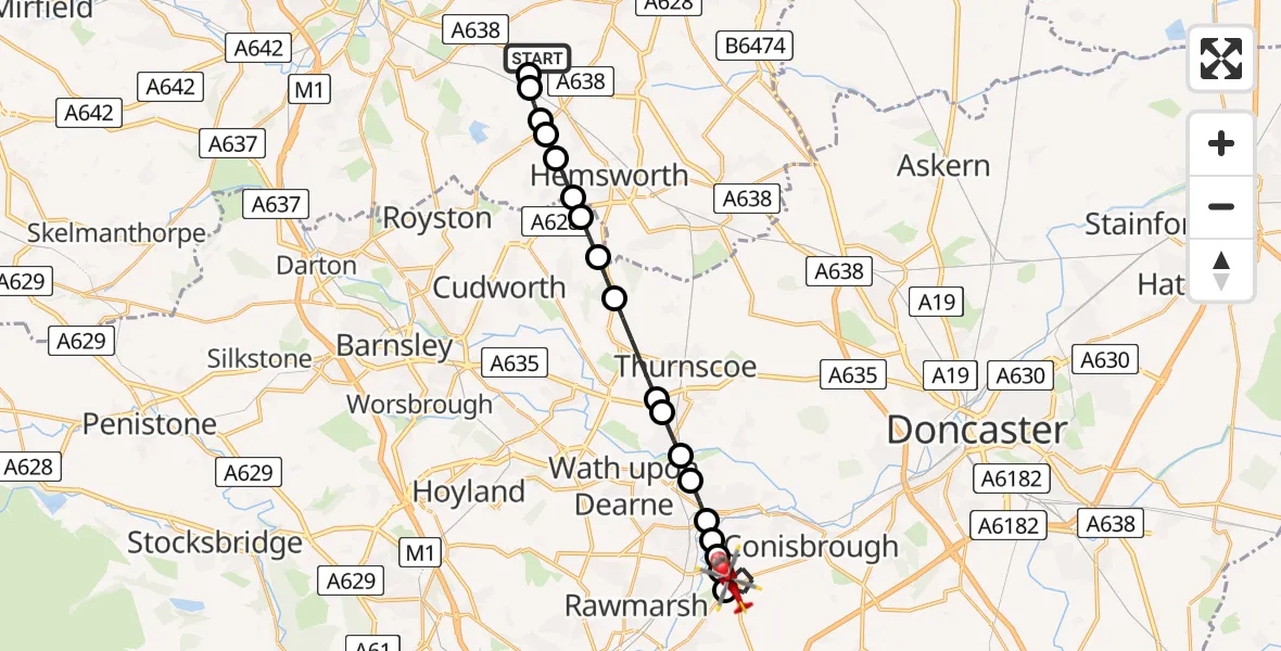 Flight route Air Ambulance Helicopter YAA Nostell Helicopter Port - Rotherham, 01 June 2026, 20:04