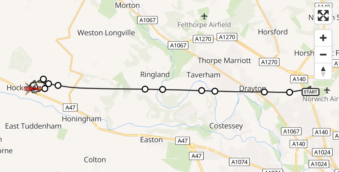 Flight route Air Ambulance Helicopter Norwich Airport - Hockering, 01 June 2026, 20:05