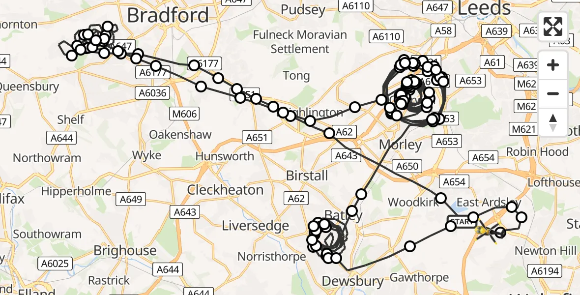Flight route Police Helicopter East Ardsley - Brandy Carr, 01 June 2026, 20:40