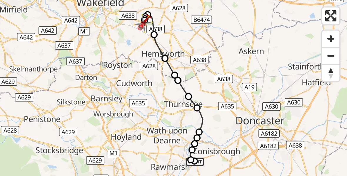 Flight route Air Ambulance Helicopter Swinton - YAA Nostell Helicopter Port, 01 June 2026, 20:51