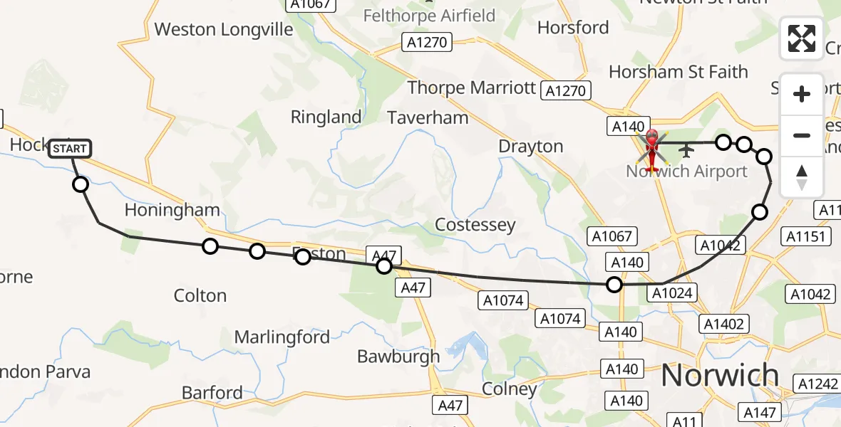 Flight route Air Ambulance Helicopter Hockering - Norwich Airport, 01 June 2026, 20:52