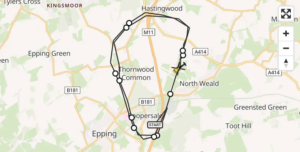 Flight route Police Helicopter Coopersale - North Weald Airfield, 01 June 2026, 21:14