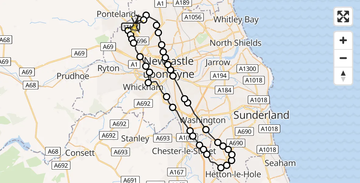 Flight route Police Helicopter Newcastle International Airport - Newcastle International Airport, 01 June 2026, 23:28
