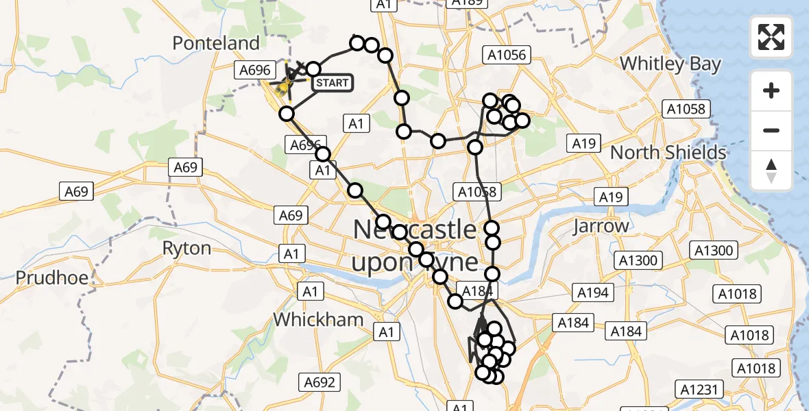 Flight route Police Helicopter Woolsington - Newcastle International Airport, 02 June 2026, 00:27