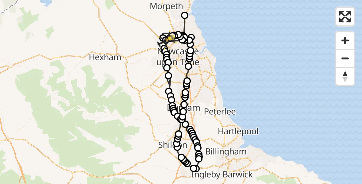 Flight route Police Helicopter Dinnington - Newcastle International Airport, 02 June 2026, 01:20