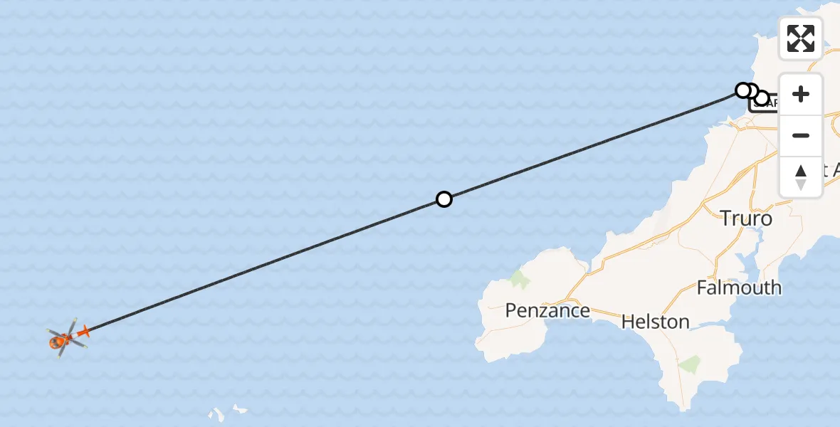 Flight route Coastguard Helicopter Cornwall Airport Newquay - North Atlantic Ocean, 02 June 2026, 01:27