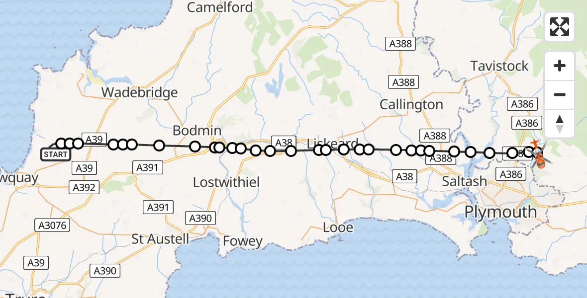 Flight route Coastguard Helicopter Cornwall Airport Newquay - Shaugh Prior, 02 June 2026, 04:49
