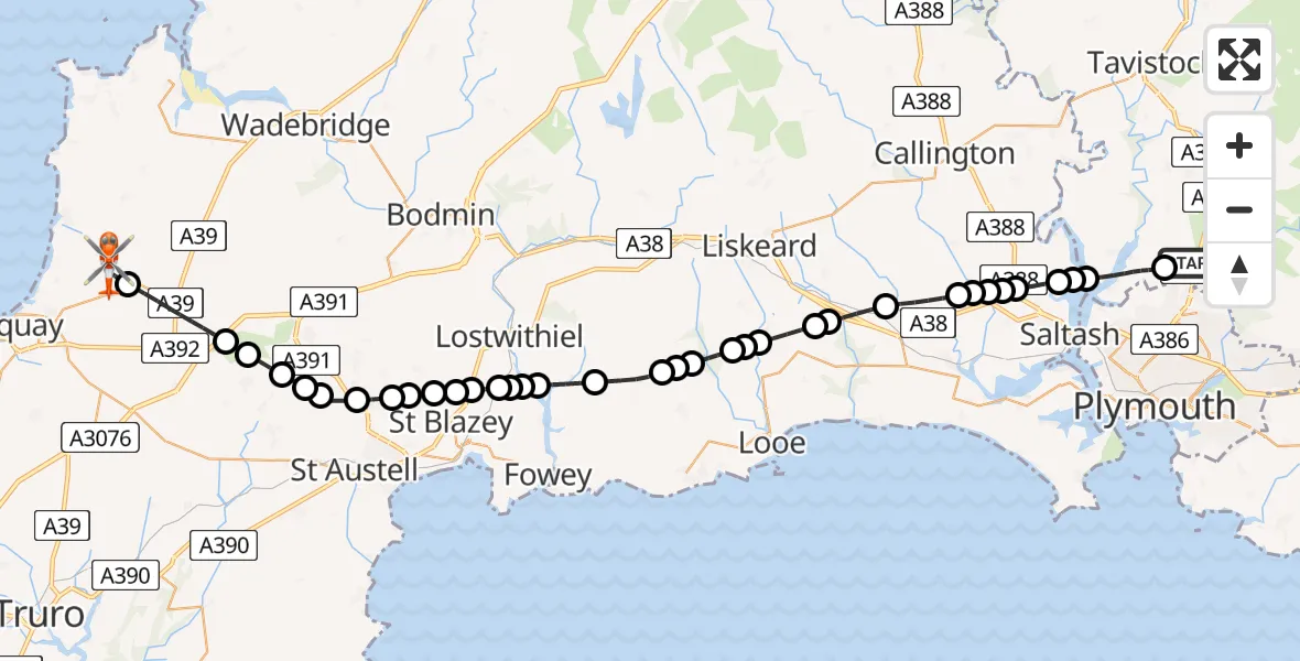 Flight route Coastguard Helicopter Roborough - Cornwall Airport Newquay, 02 June 2026, 05:44