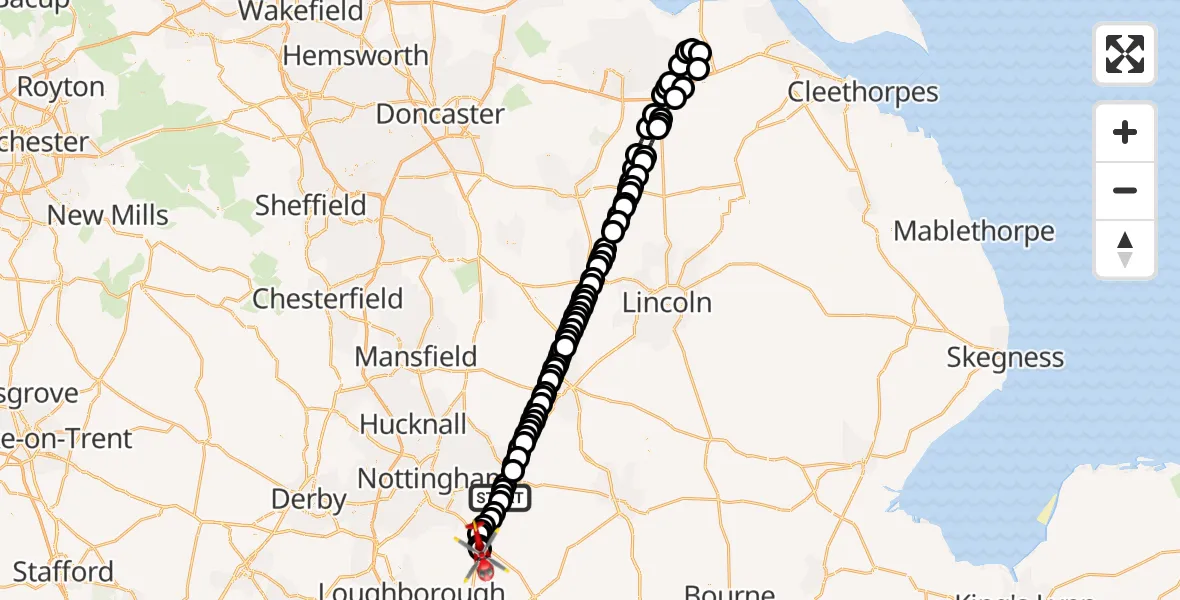 Flight route Air Ambulance Helicopter Cropwell Butler - Nottingham Heliport, 02 June 2026, 06:32