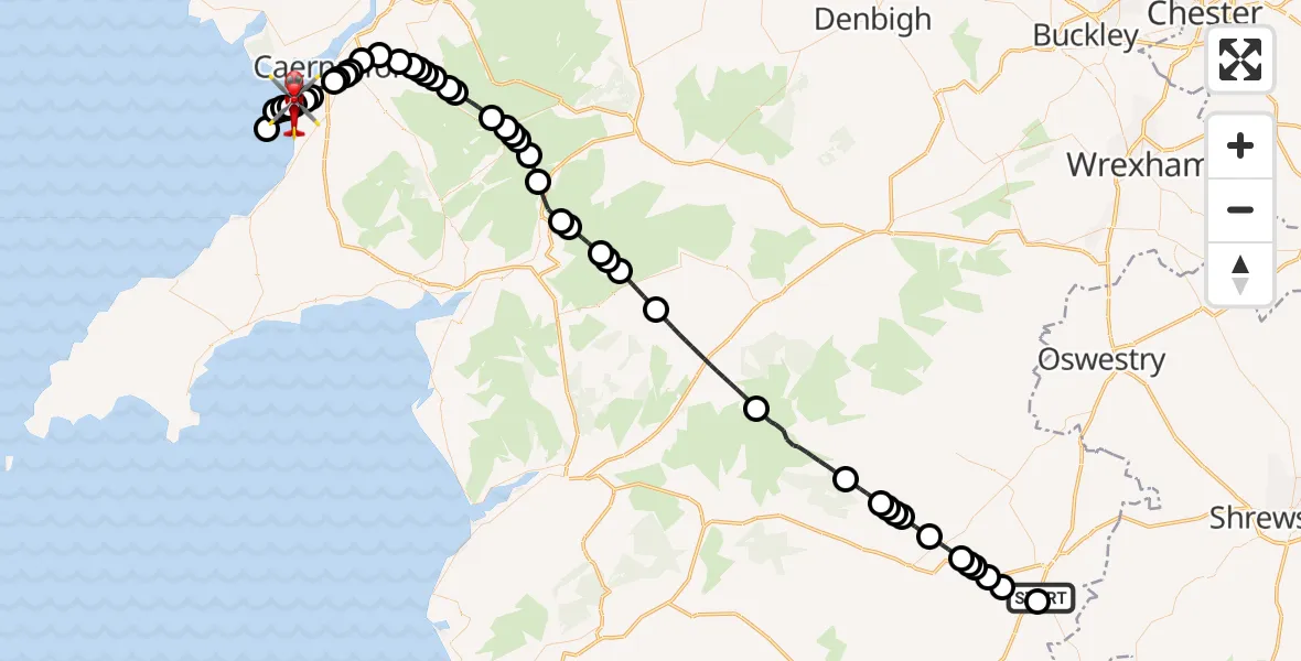 Flight route Air Ambulance Helicopter Welshpool Airport - Caernarfon Airport, 02 June 2026, 06:38