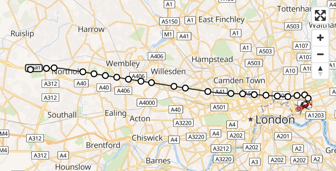 Flight route Air Ambulance Helicopter RAF Northolt - Royal London Hospital, 02 June 2026, 07:16