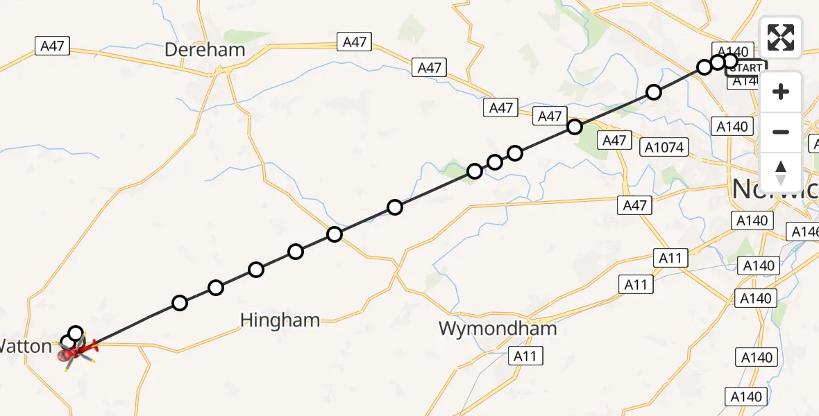 Flight route Air Ambulance Helicopter Norwich Airport - Breckland, 02 June 2026, 07:17