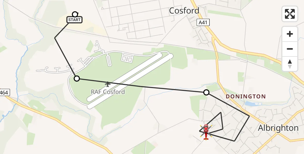 Flight route Air Ambulance Helicopter RAF Cosford - Albrighton, 02 June 2026, 07:30