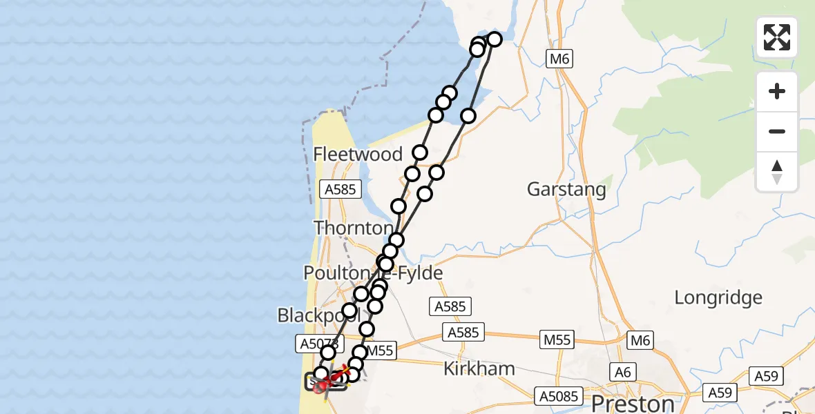 Flight route Air Ambulance Helicopter Blackpool Airport - Blackpool Airport, 02 June 2026, 07:38
