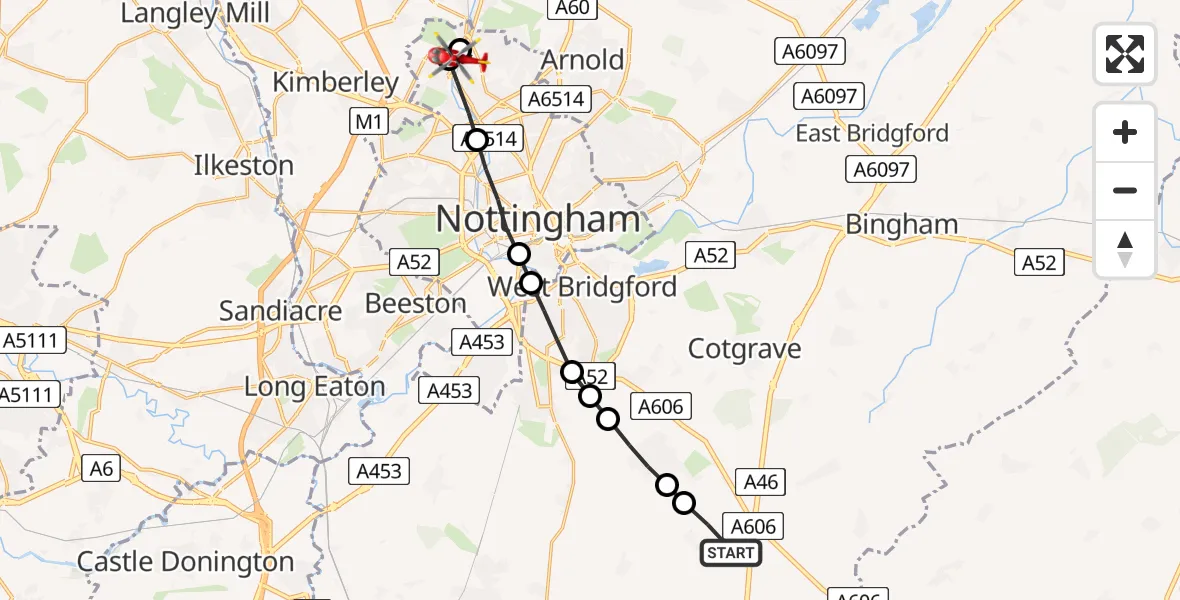 Flight route Air Ambulance Helicopter Widmerpool - Bulwell, 02 June 2026, 07:42