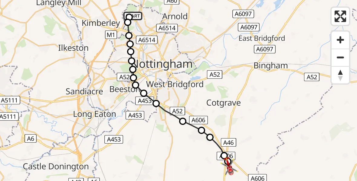 Flight route Air Ambulance Helicopter Bulwell - Nottingham Heliport, 02 June 2026, 08:04