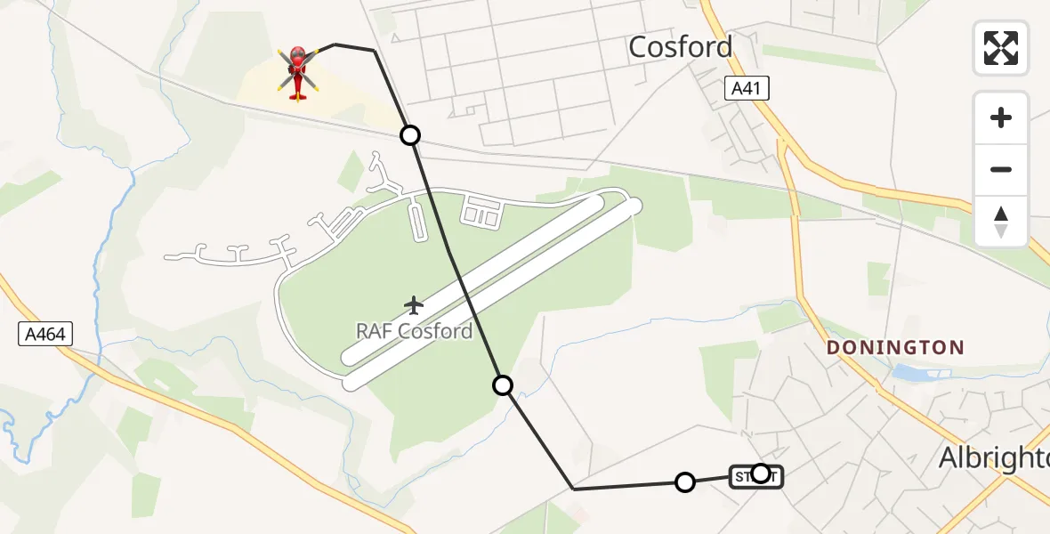 Flight route Air Ambulance Helicopter Albrighton - Tong, 02 June 2026, 08:15