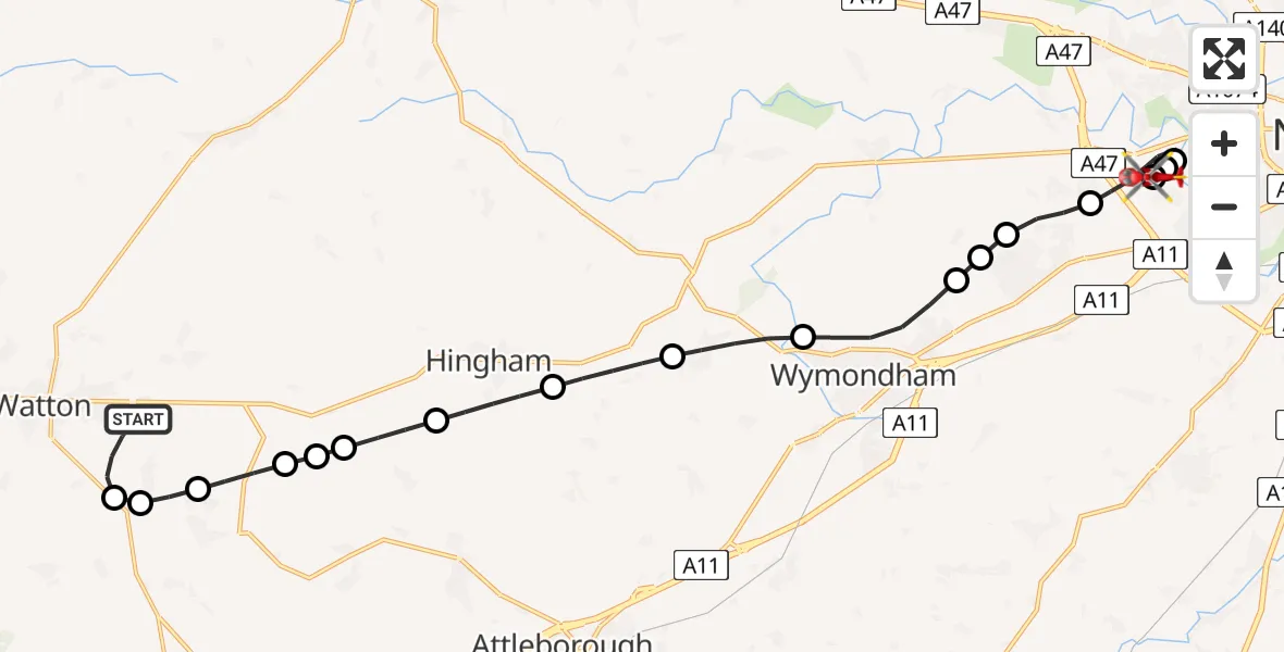 Flight route Air Ambulance Helicopter Breckland - Norfolk & Norwich Hospital, 02 June 2026, 08:28