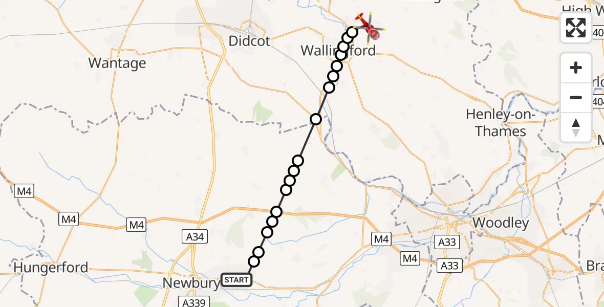 Flight route Air Ambulance Helicopter Thatcham - RAF Benson, 02 June 2026, 08:34