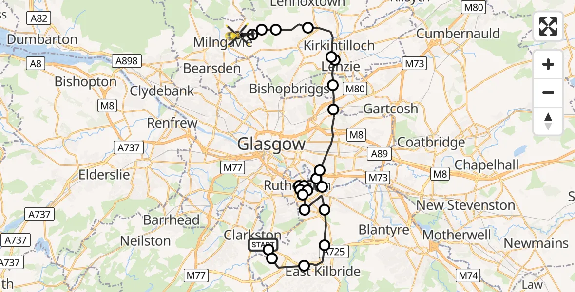 Flight route Police Helicopter Busby - Glasgow, 02 June 2026, 09:10