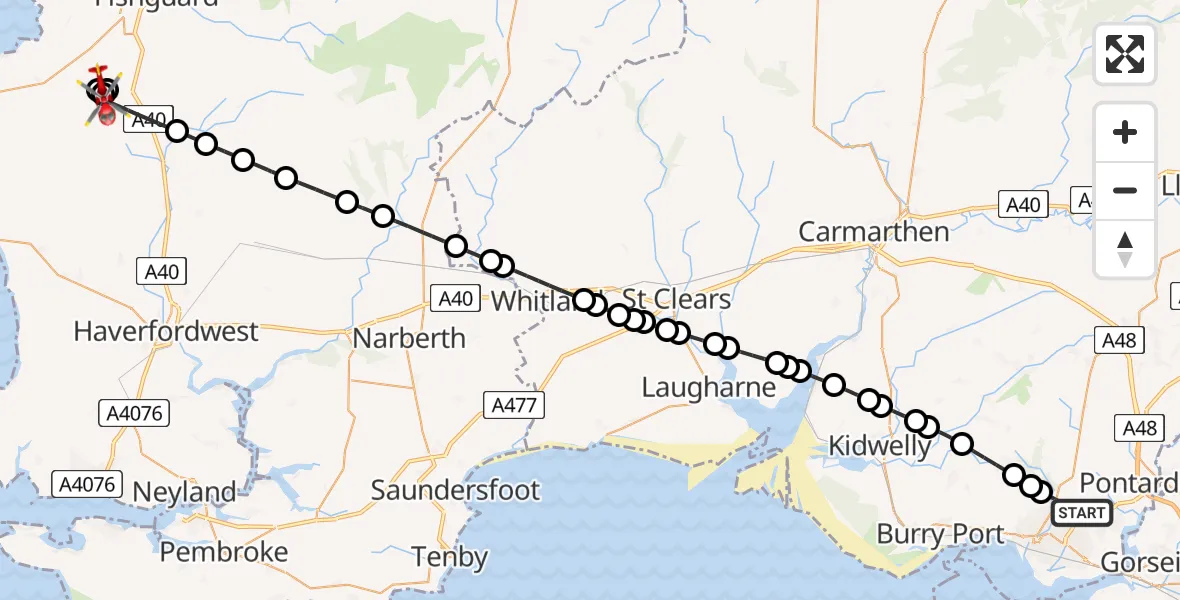 Flight route Air Ambulance Helicopter Dafen - Mathry, 02 June 2026, 09:13