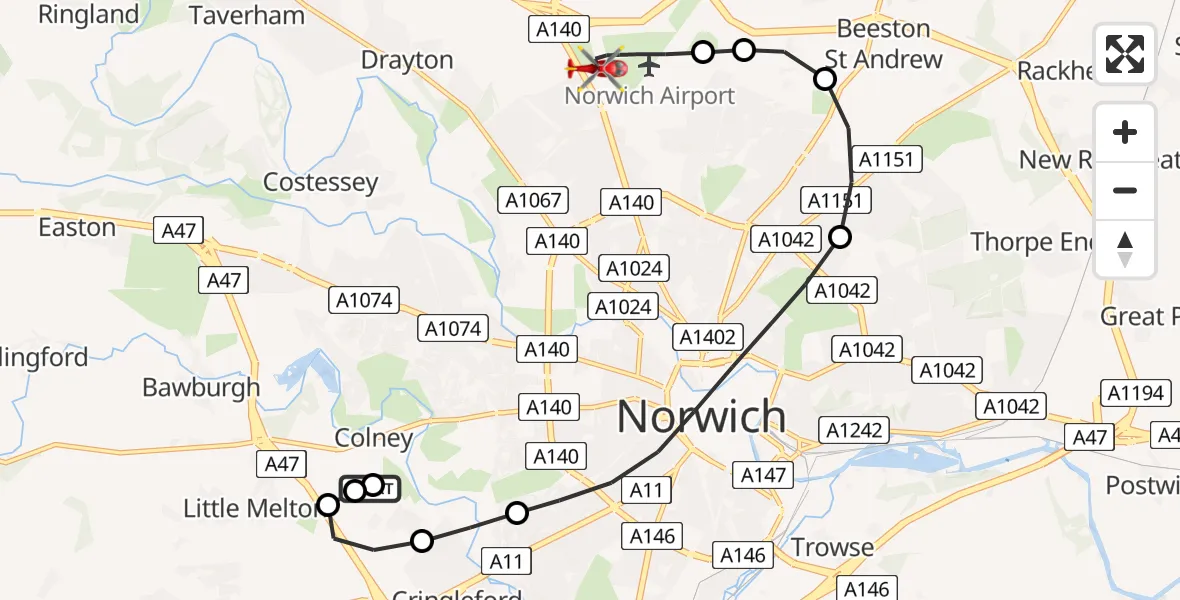 Flight route Air Ambulance Helicopter Norfolk & Norwich Hospital - Norwich Airport, 02 June 2026, 09:15