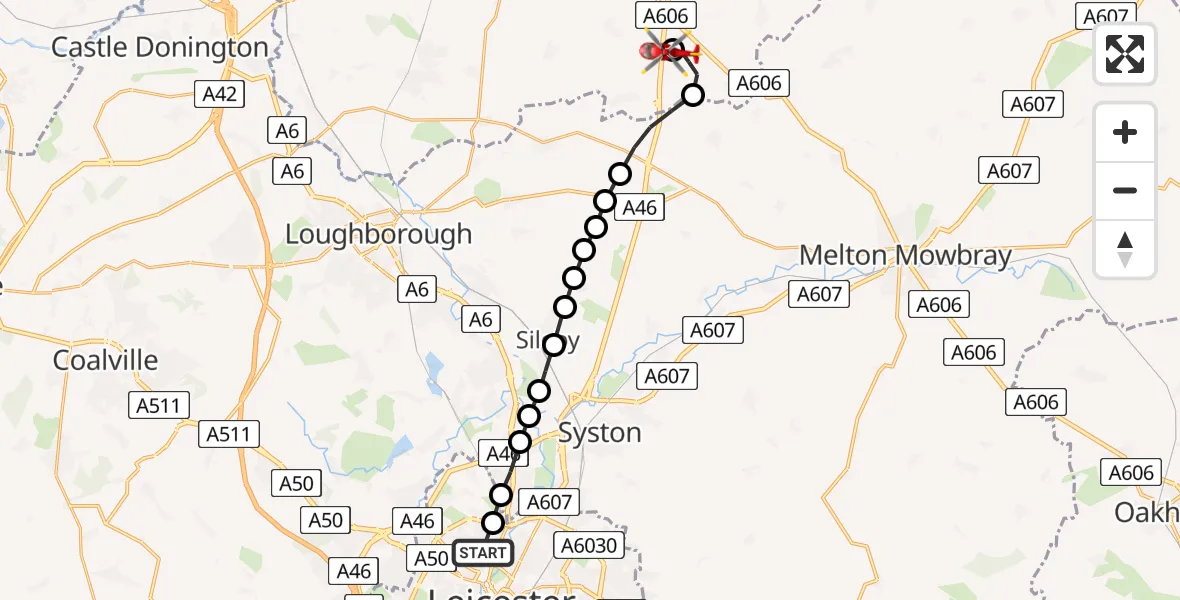 Flight route Air Ambulance Helicopter Stocking Farm - Nottingham Heliport, 02 June 2026, 09:42