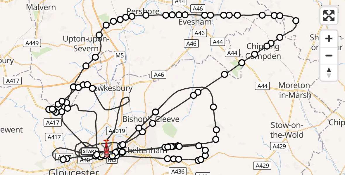 Flight route Air Ambulance Helicopter Tewkesbury - Tewkesbury, 02 June 2026, 09:50