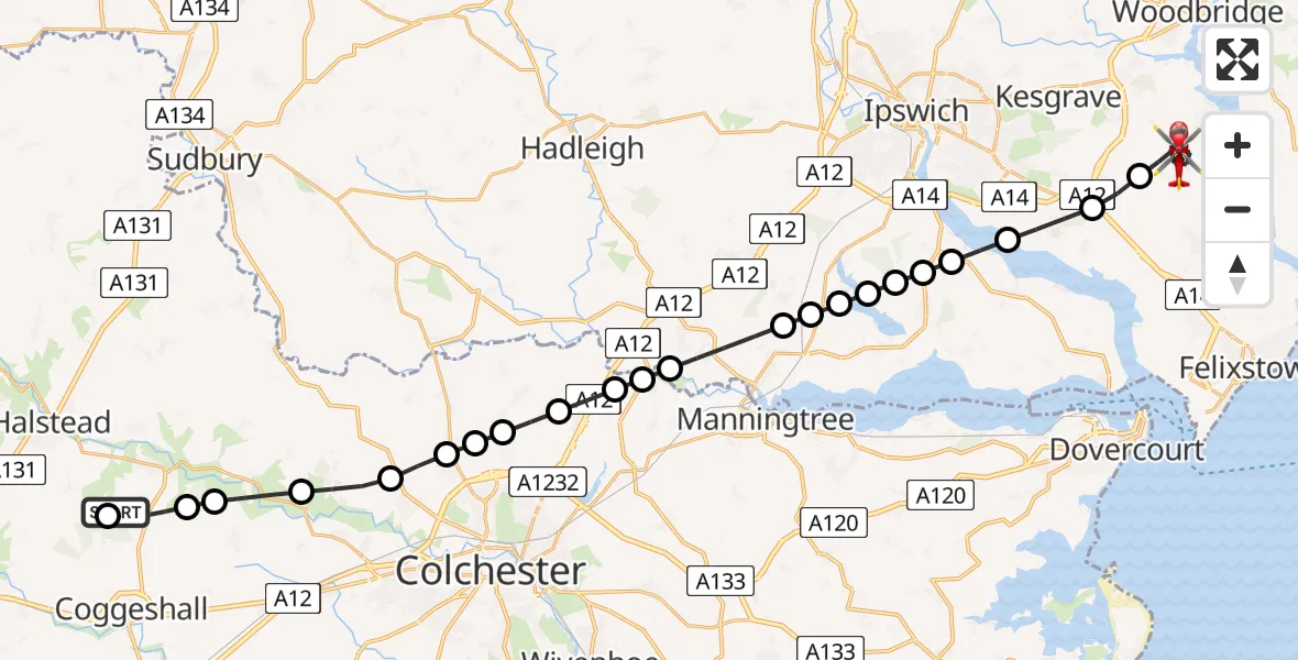 Flight route Air Ambulance Helicopter Earls Colne Airfield - Newbourne, 02 June 2026, 09:54
