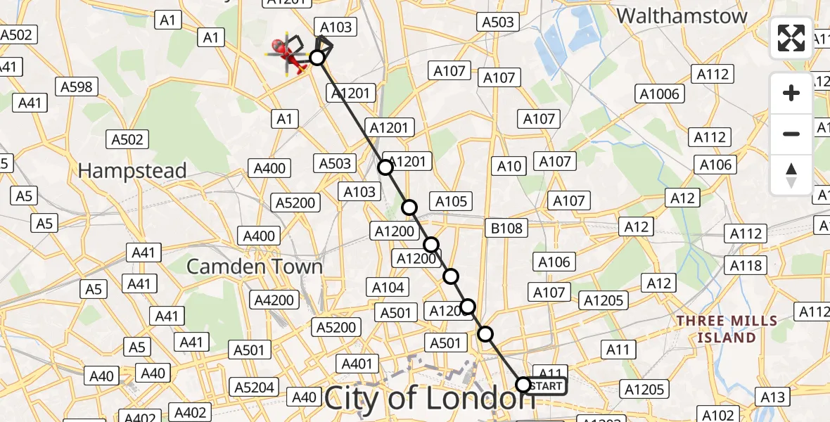Flight route Air Ambulance Helicopter Royal London Hospital - Crouch End, 02 June 2026, 10:00