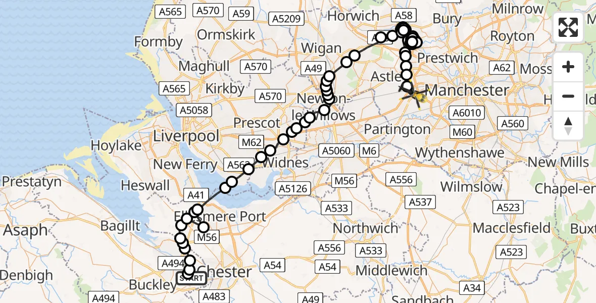 Flight route Police Helicopter Hawarden Airport - Manchester Barton Aerodrome, 02 June 2026, 10:02