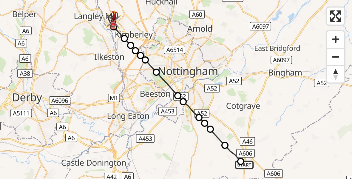 Flight route Air Ambulance Helicopter Nottingham Heliport - Eastwood, 02 June 2026, 10:05