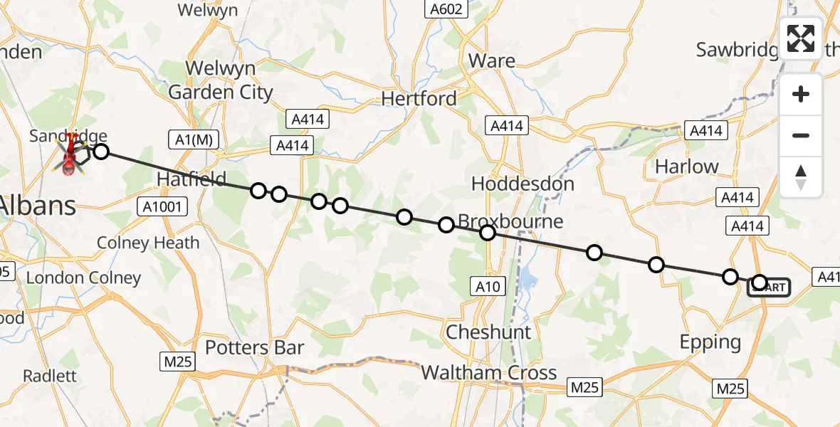 Flight route Air Ambulance Helicopter North Weald Airfield - Sandridge, 02 June 2026, 10:06