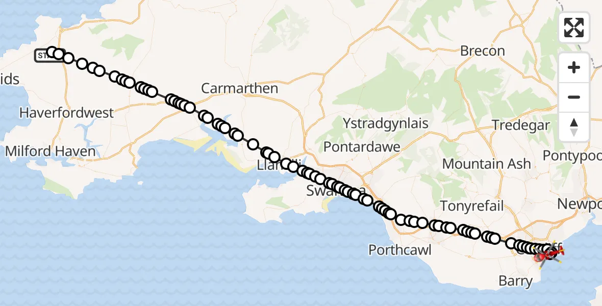 Flight route Air Ambulance Helicopter Mathry - Cardiff Heliport, 02 June 2026, 10:20