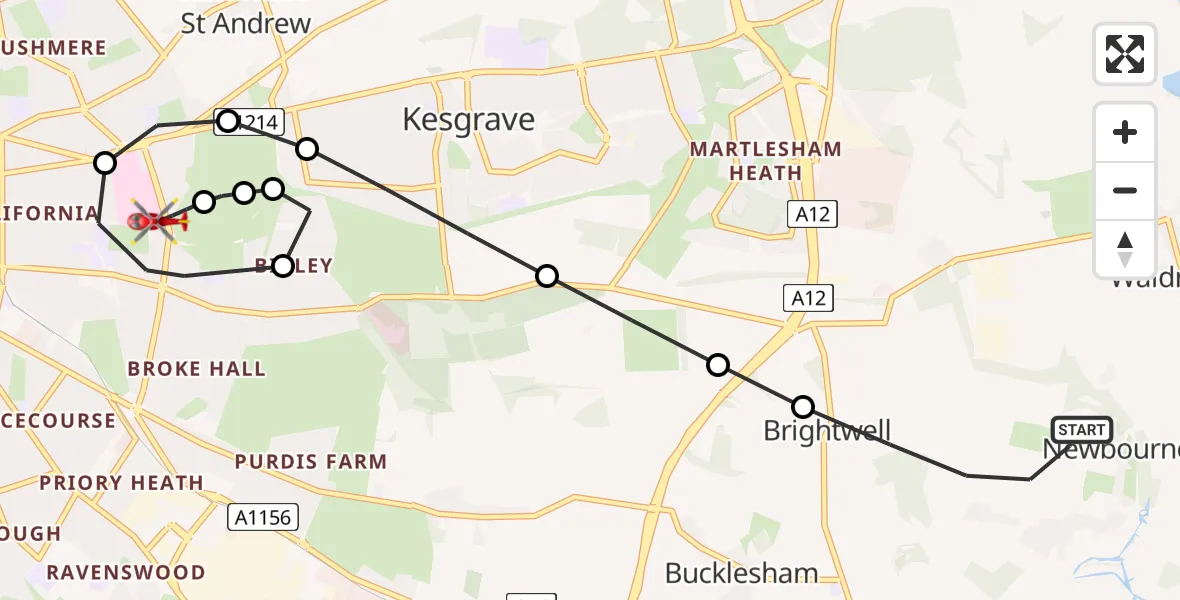 Flight route Air Ambulance Helicopter Newbourne - Ipswich, 02 June 2026, 10:53