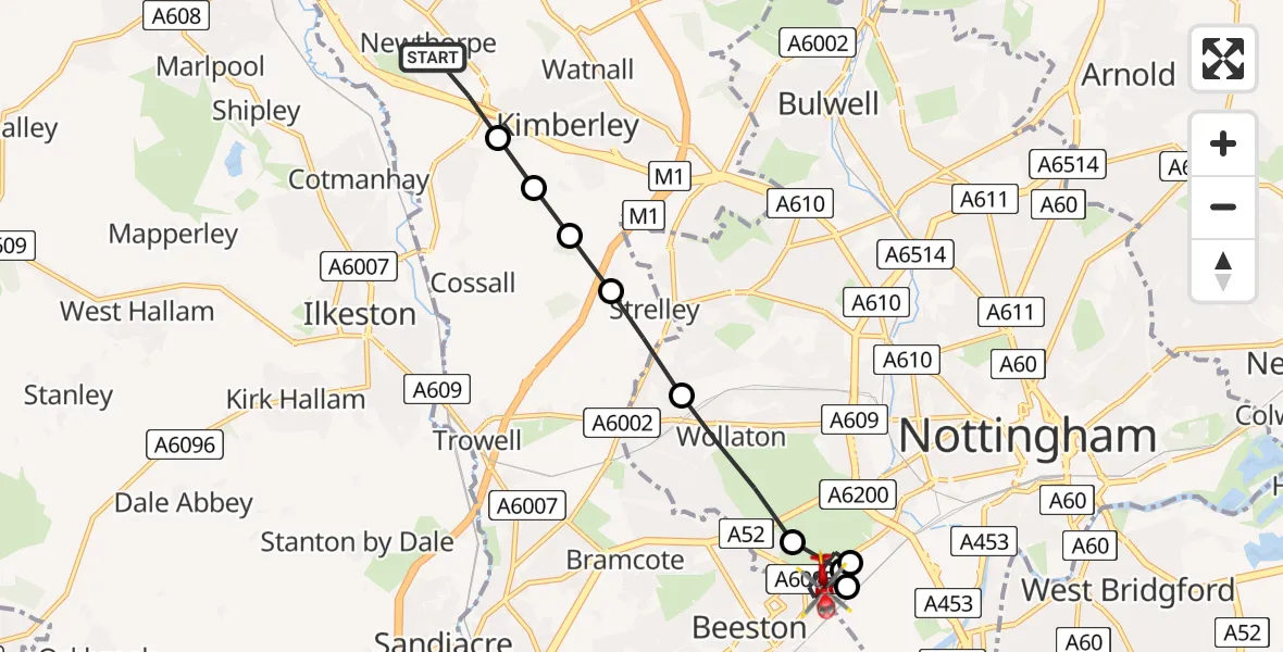 Flight route Air Ambulance Helicopter Greasley - Beeston, 02 June 2026, 10:59