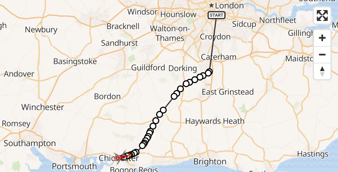 Flight route Air Ambulance Helicopter Kings College London Hospital - Westhampnett, 02 June 2026, 11:11