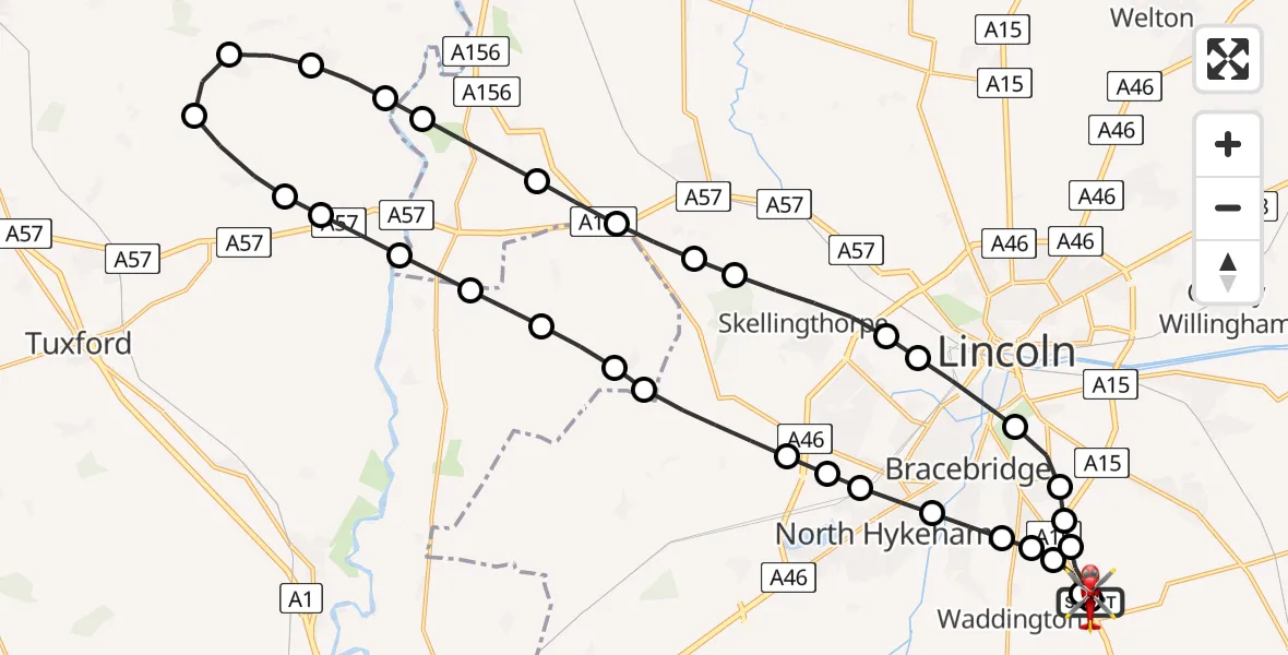 Flight route Air Ambulance Helicopter RAF Waddington - North Kesteven, 02 June 2026, 11:21