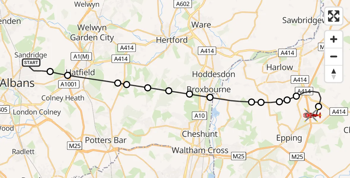 Flight route Air Ambulance Helicopter Sandridge - North Weald Airfield, 02 June 2026, 11:35