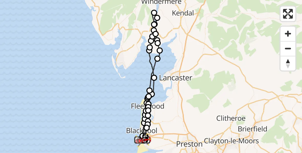 Flight route Air Ambulance Helicopter Blackpool Airport - Blackpool Airport, 02 June 2026, 11:38