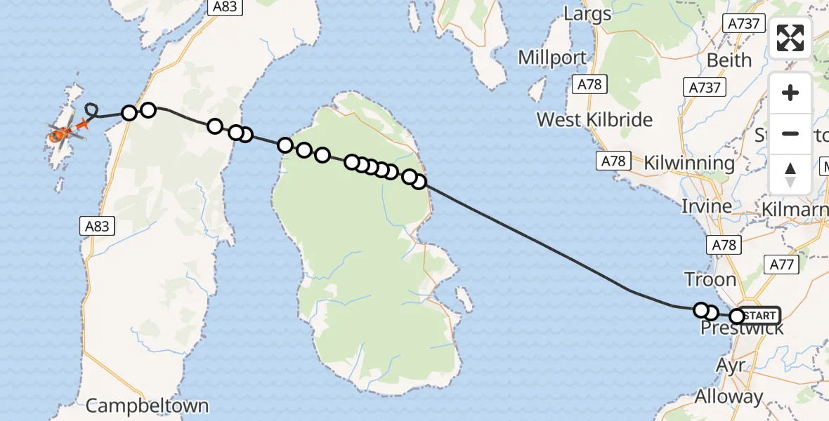 Flight route Coastguard Helicopter Glasgow Prestwick Airport - Inner Seas, 02 June 2026, 11:46